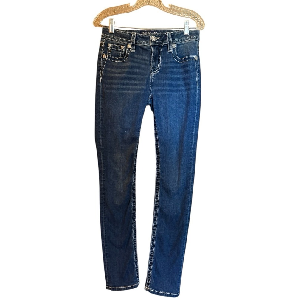 Miss Me Jeans Womens 27 Blue Mid Rise Straight Embroidered Pockets Medium Wash